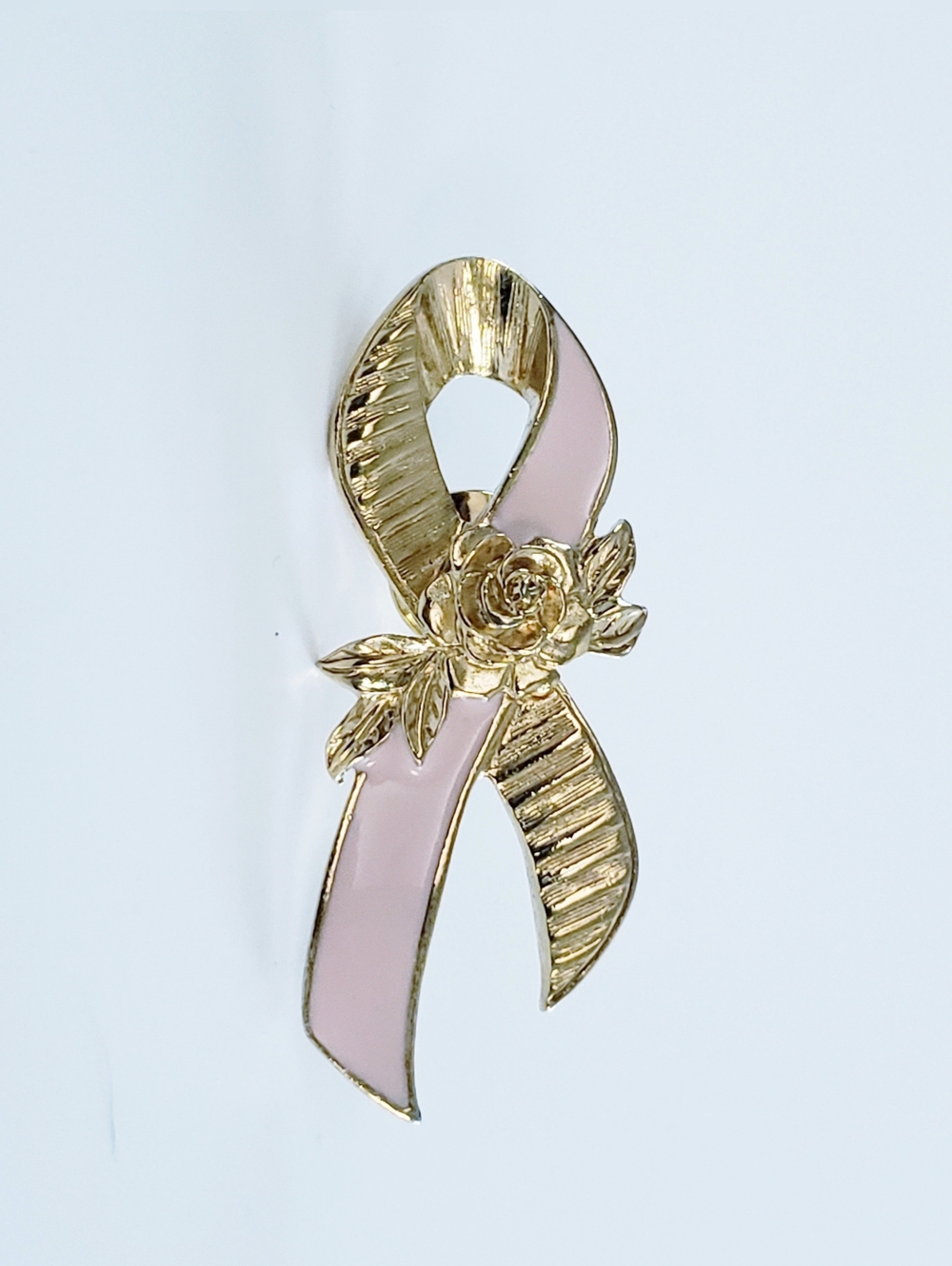 AVON Breast Cancer Gold & Pink Flower Ribbon Tack Pin With Rose Accents - Picture 1 of 6